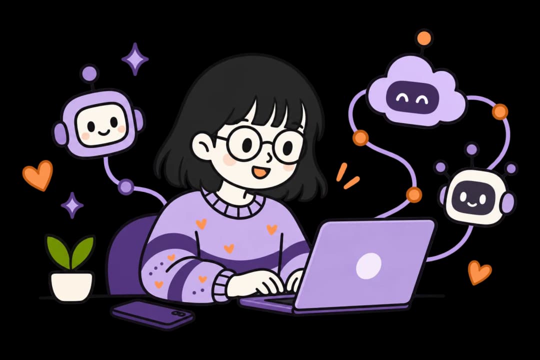 Moça conectada a assistentes de IA pelo laptop